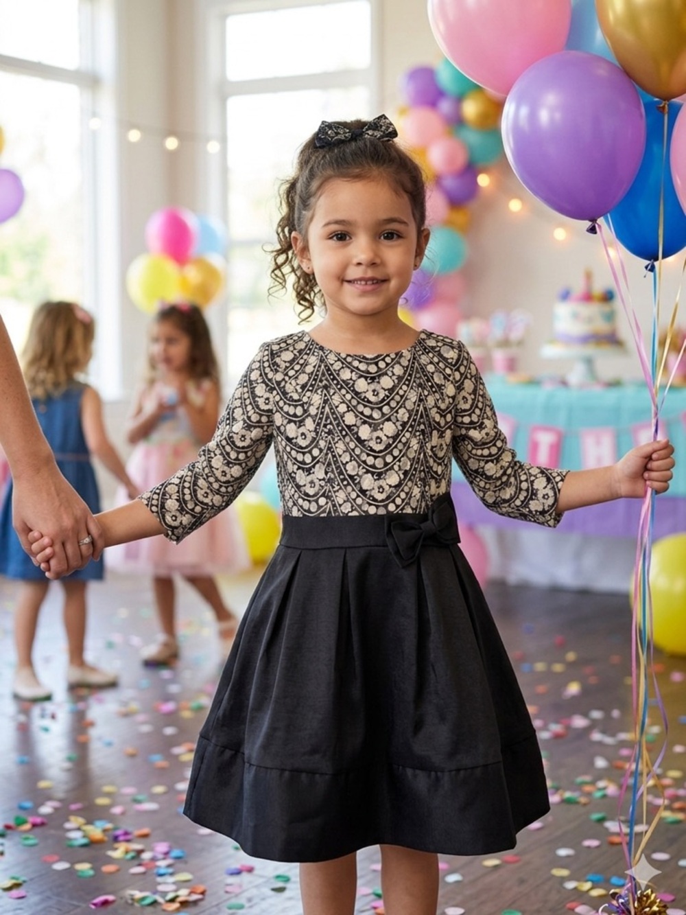 Black & Ivory Girl Dress M (8-10) Floral Pattern Fit-and-Flare with Bow Waist